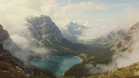 A snowy alpine ridge overlooking a shimmering teal lake.