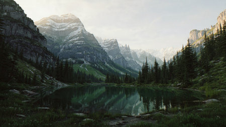 A colorful sunrise illuminating jagged snowy peaks.の写真素材