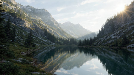 Golden hour sunlight glowing across a calm blue mountain lake in a cinematic wide-angle landscape.の写真素材