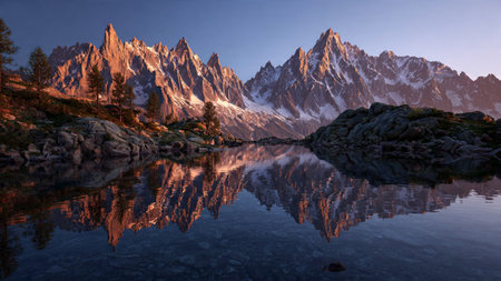 Evergreen trees silhouetted against a luminous sunrise sky.の写真素材