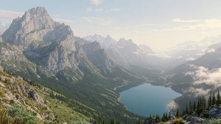Snow-capped mountains glowing under warm golden-hour skies.の写真素材