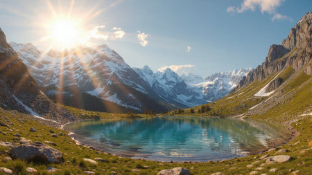 Golden-hour light shining across a mountain ridge and valley.の写真素材