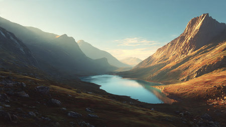 Soft golden light illuminating rugged mountains and calm reflective water.の写真素材