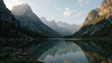 A quiet alpine lake mirroring soft pastel clouds.の写真素材