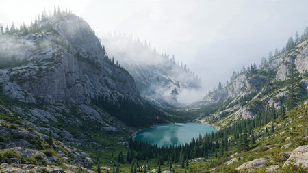Cinematic sunrise over a calm alpine landscape with tall evergreens.の写真素材