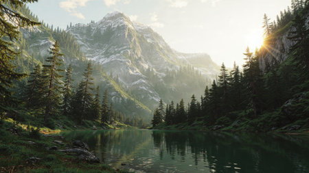 Snow-covered mountains glowing warmly under a rising sun.の写真素材