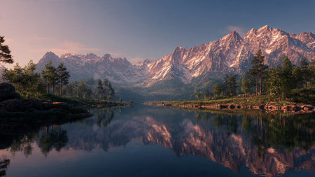 Crystal-clear water reflecting evergreen forests and high peaks.の写真素材