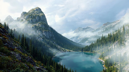 A still valley lake with soft rolling mist at sunrise.