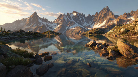 Mist covering a pine forest valley under early morning sunlight.の写真素材