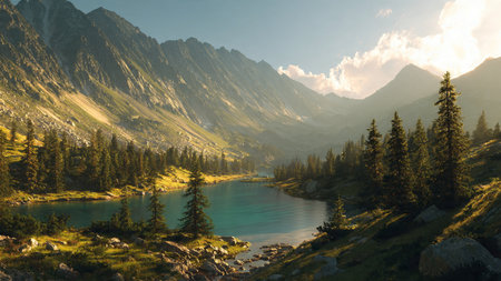 A calm valley beneath towering peaks glowing at sunset.