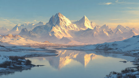 A hyper-detailed mountain panorama with turquoise lake water glimmering in the foreground.