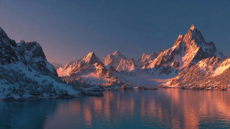 A frosty mountain valley illuminated by soft morning rays breaking through the clouds.