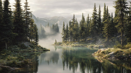 A crystal-blue alpine lake reflecting towering snow-draped peaks under a glowing morning sky,...