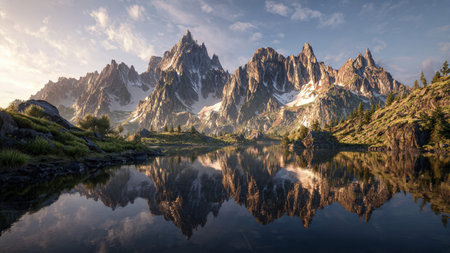 A peaceful dawn scene with mountains mirrored in still water.