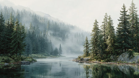 A tranquil forest valley with drifting fog and gentle sunlight.の写真素材