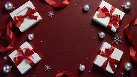 A deep-purple holiday design showcasing ribboned presents and metallic baubles placed with balanced symmetry.の写真素材