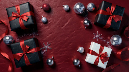 A premium ruby-red Christmas flat-lay with white boxes, silver accents, and soft snow.の写真素材