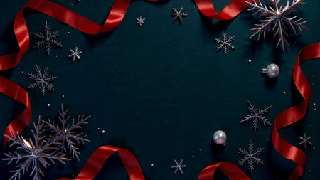 A polished winter design with balanced placement of gifts and green seasonal backdrop.の写真素材