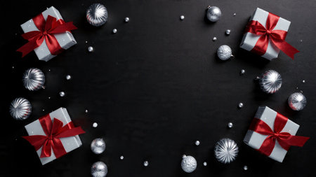 A luxurious flat-lay featuring elegant red accents and metallic holiday elements placed over a golden studio surface.の写真素材