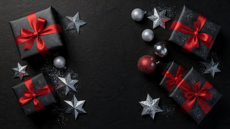 A holiday flat-lay featuring red accents and high-resolution decorative textures on a bright white surface.の写真素材