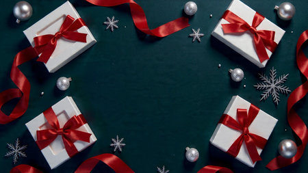 Elegant festive composition with structured red-ribbon gifts and chrome ornaments evenly arranged along the left and right sides of a rich blue textured background.の写真素材