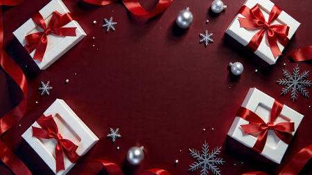 Sleek holiday arrangement featuring red bows and silver baubles scattered artistically over a frosty navy backdrop.の写真素材