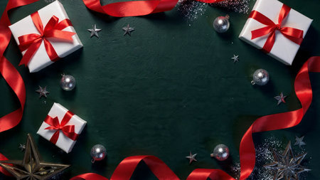 Luxury Christmas design with structured red bows and crisp matte boxes aligned along both sides of a dark polished background.の写真素材