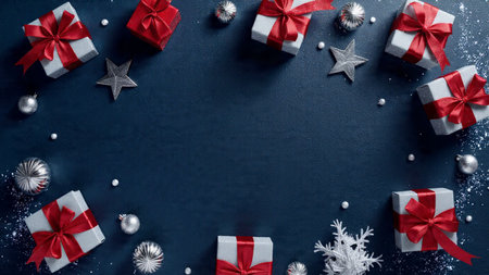 A polished red holiday composition featuring soft falling snow and symmetrical gift placement.