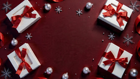 Crisp commercial holiday scene with white boxes, red ribbons, and silver ornaments spread...