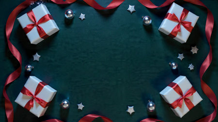 Premium symmetrical flat-lay of red-ribbon holiday presents and sparkling ornaments arranged on a...