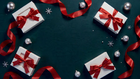 A commercial-quality green Christmas layout featuring luminous red satin ribbons.