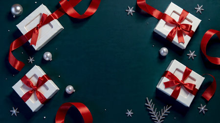 A premium snowy Christmas arrangement with festive elements aligned left and right over a modern winter-blue backdrop.の写真素材