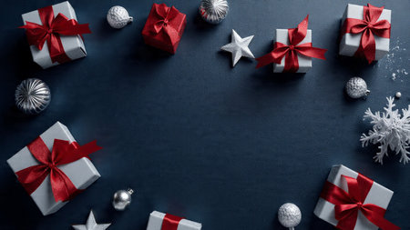 A minimalist grey festive scene featuring clean white boxes and elegant ribbon details.