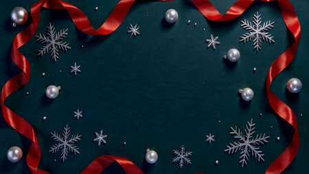 A refined Christmas flat-lay with symmetrical icy-blue winter design and soft shadows.の写真素材