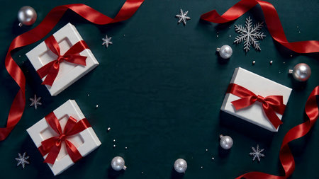 A luxury Christmas scene with ocean-blue tones, snow accents, and glossy red bows.