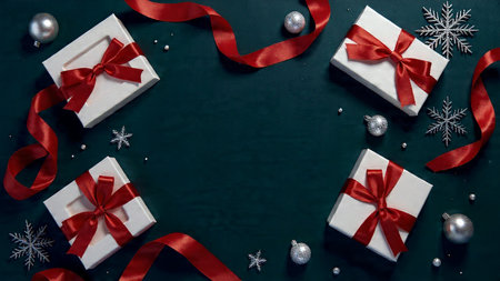 A cinematic Christmas layout with deep red atmosphere, snow particles, and elegant glossy ribbons.の写真素材