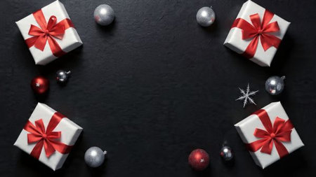 A premium Christmas arrangement showcasing crisp winter details and refined lighting over a blue backdrop.の写真素材