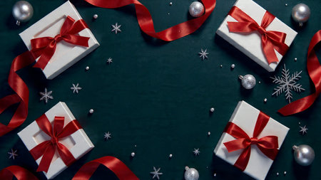 A premium Christmas flat-lay highlighting teal backdrop richness with soft winter lighting.の写真素材