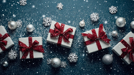 Ultra-premium flat-lay showcasing festive gifts and glimmering metallic accents forming a polished holiday frame.の写真素材