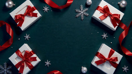 High-resolution festive layout with precise holiday ornament placement and a cold rich-blue backdrop.の写真素材