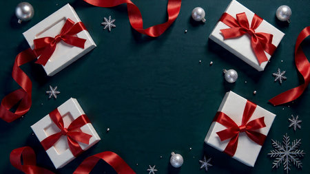 A premium Christmas layout featuring deep red background harmony and polished ribbon textures.の写真素材