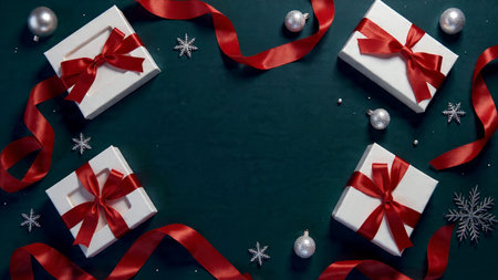 A high-end black winter scene emphasizing glossy red ribbons and precision lighting.の写真素材