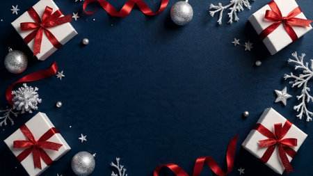 A cinematic red Christmas visual with glossy ribbons, frosty details, and balanced symmetrical...
