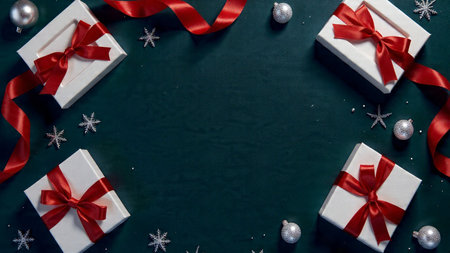 A sleek festive flat-lay with polished ornaments and satin ribbons on a soft ocean-blue surface.の写真素材