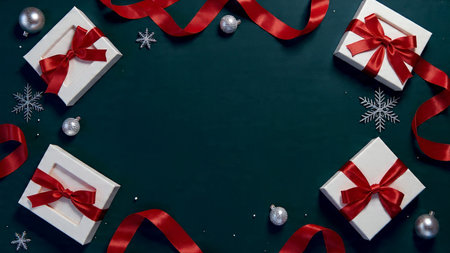 Modern luxury Christmas scene showcasing polished ribbons, metallic stars, and crisp white ornaments...