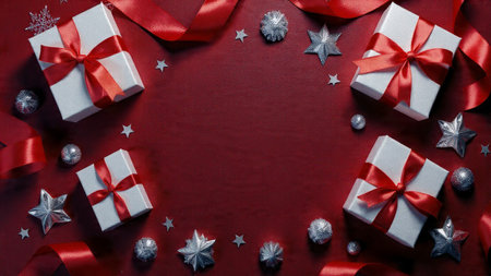 A premium winter flat-lay with elegant red ribbons, pearl ornaments, and a cool navy textured...