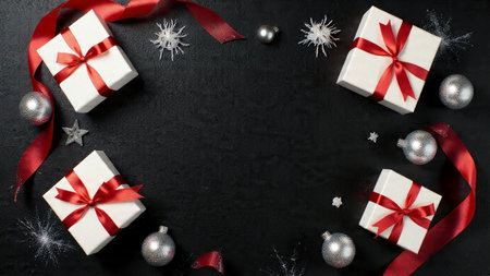 Modern luxury Christmas scene showcasing polished ribbons, metallic stars, and crisp white ornaments over a cool winter-blue background.の写真素材