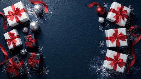 A luxury holiday composition showing symmetrical gift arrangements, silver baubles, and soft snowy...