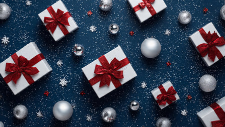 A sophisticated Christmas composition with symmetrical gift placement over a muted rose backdrop.の写真素材