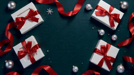 A warm golden holiday layout featuring premium ribbons and reflective ornaments illuminated softly.の写真素材